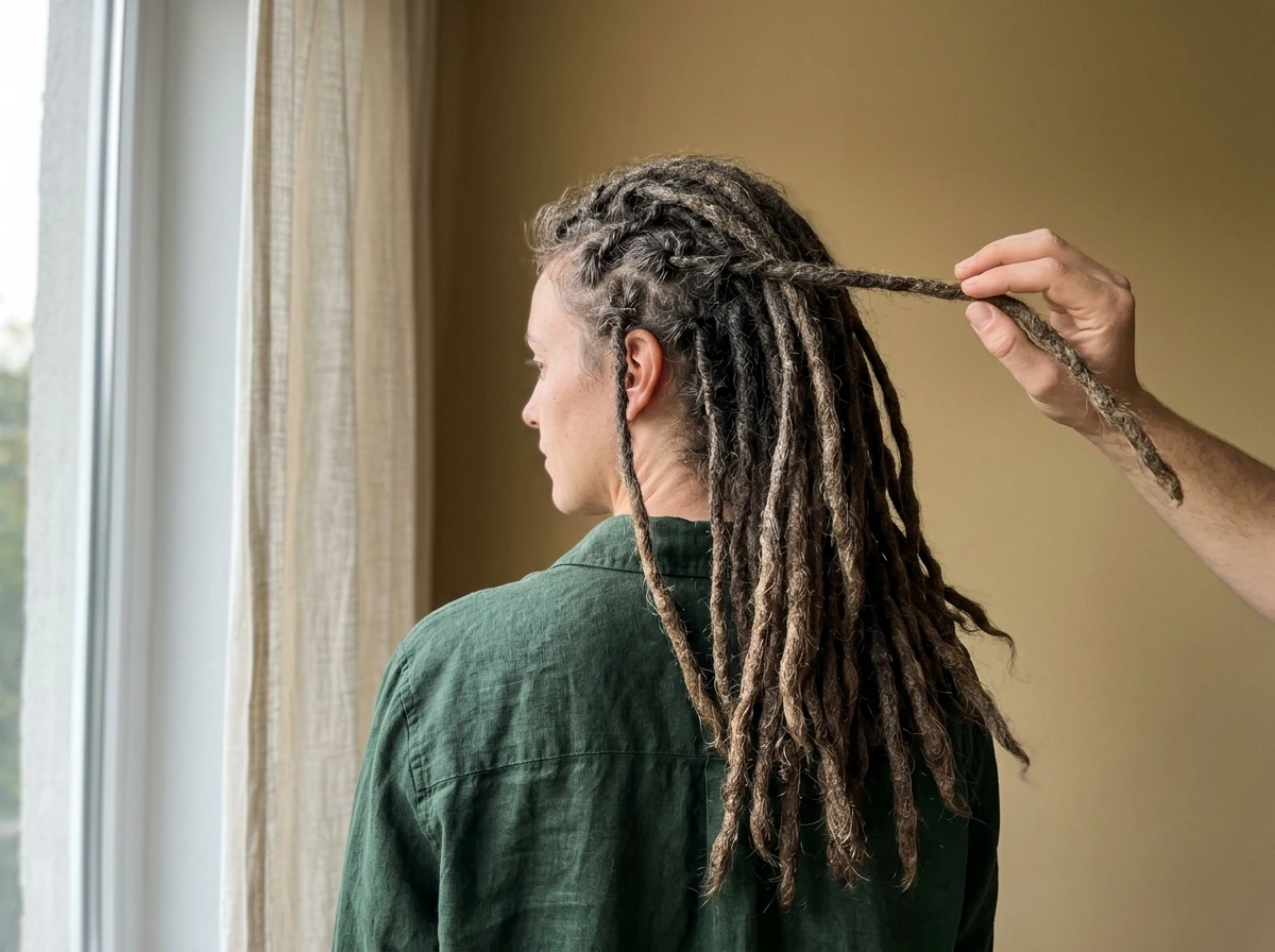 Person holding a strand of natural dreadlocks growing from roots, showing the full natty loc journey.