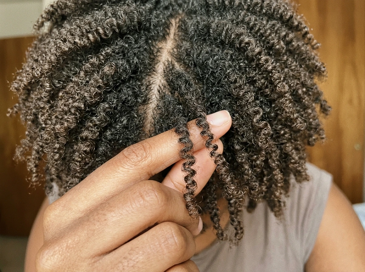 Close-up of natural coily hair texture showing coils that become natty dreads