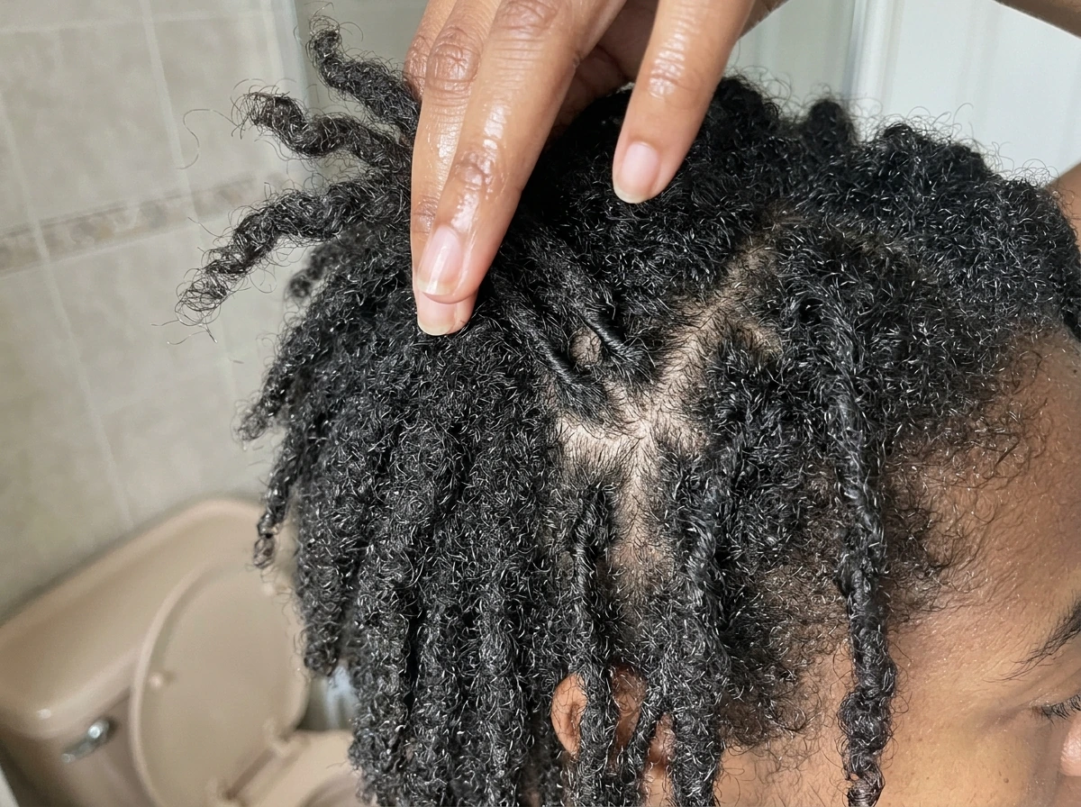 Wet starter locs being gently separated at the roots to prevent merging