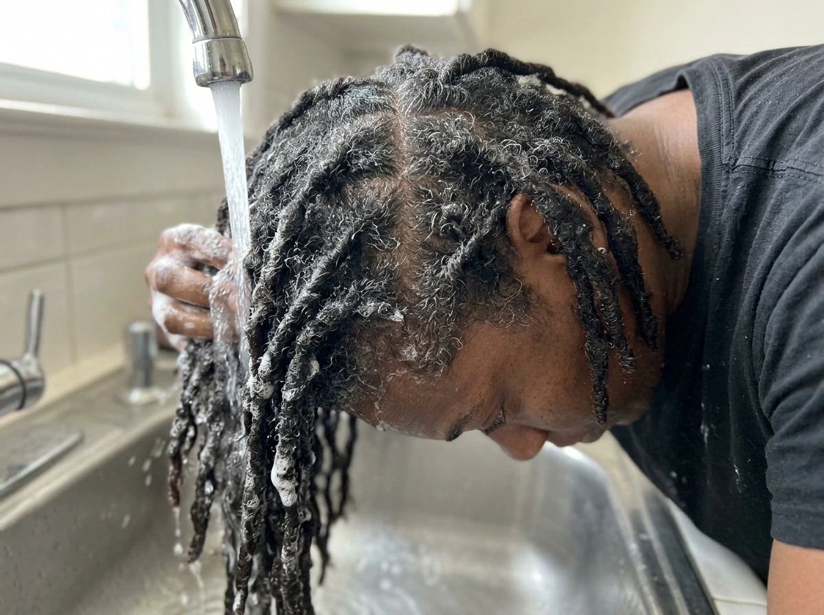 Washing locs to address odor and itch by rinsing buildup and trapped moisture