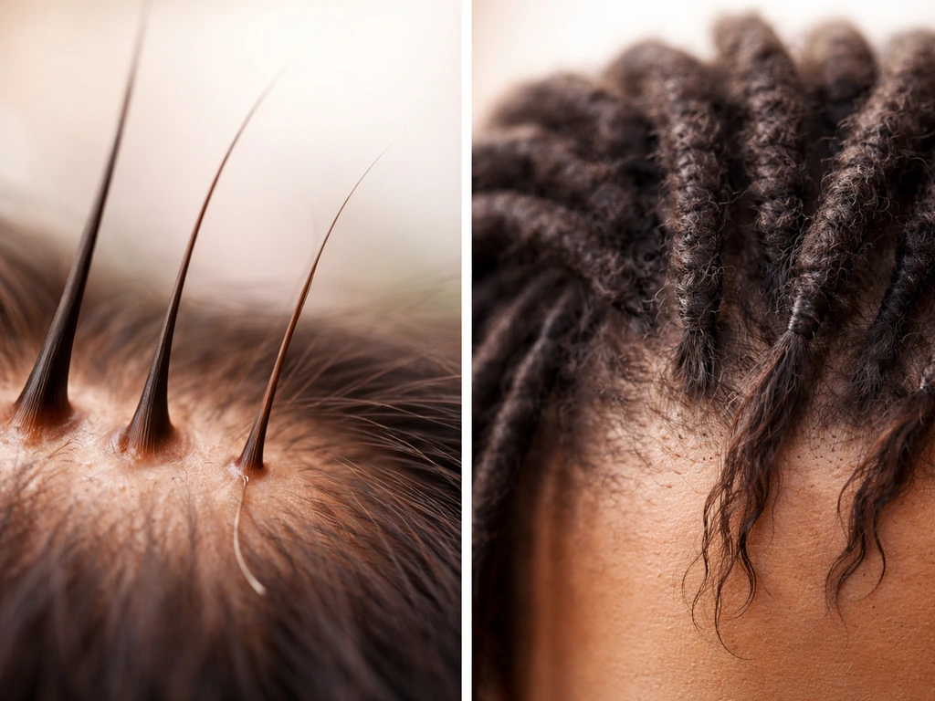 Minimal split photo showing loose hair and locs at different growth/rest stages without any text.