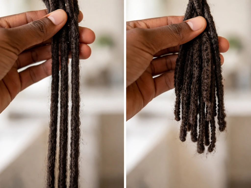 Two side-by-side sections of locs: one stretched showing longer length, the other shrunken shorter.