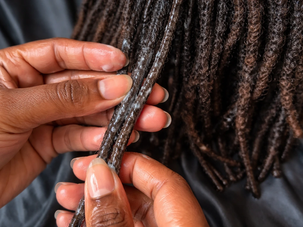 Anonymous hands apply water-based leave-in and lightly seal textured locs in a close-up routine