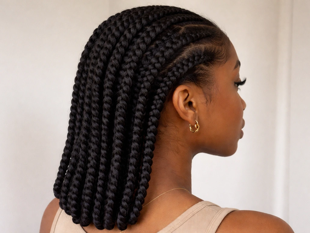 Close view of neatly tucked braids/twists with visible hairline showing gentle, non-damaging tension.