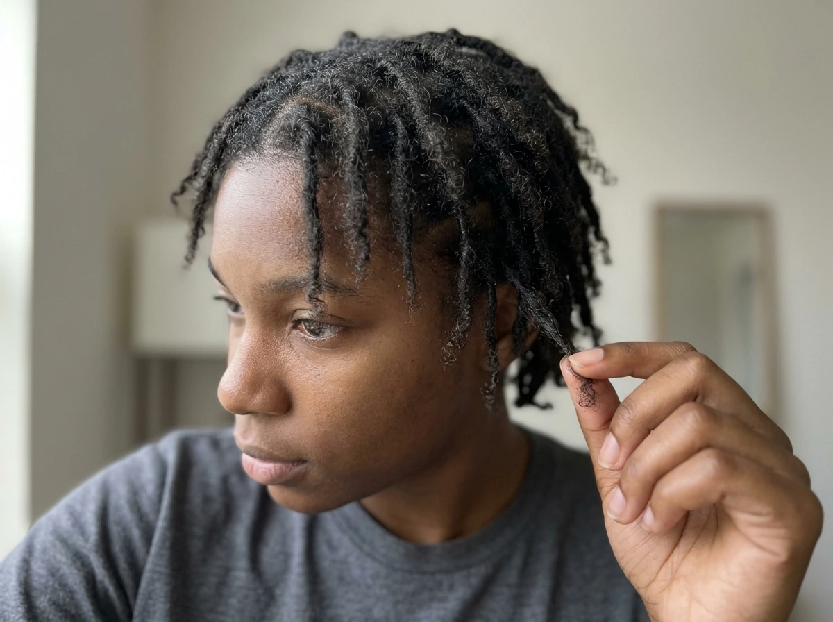 Baby loc stage with small, uneven budding locs and slightly unraveling ends