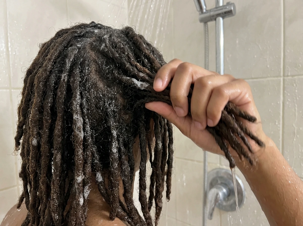 Locs being gently rinsed during wash, focusing on clean residue-free technique