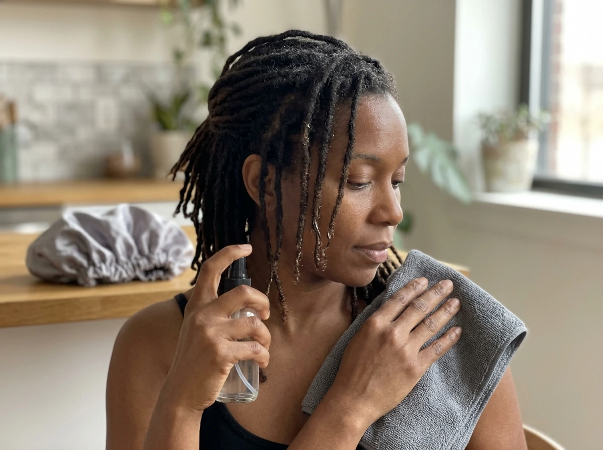 Light spray and blotting technique on locs for moisture retention and reduced breakage