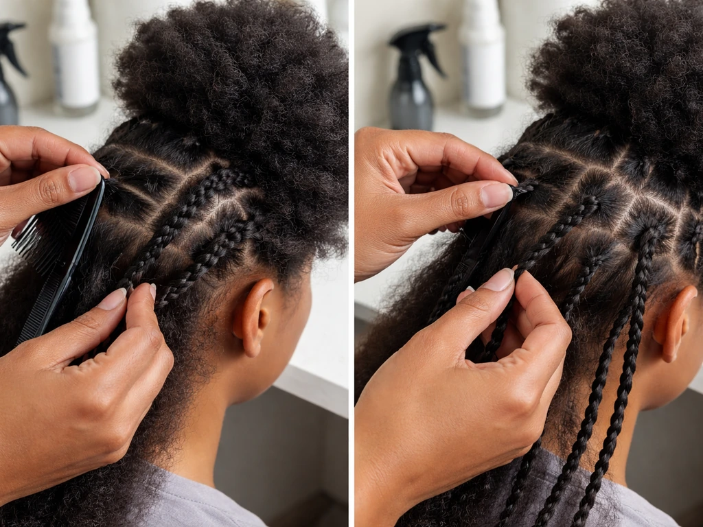 Hands part hair into small sections for braids, with cornrow and twist tools on a clean countertop