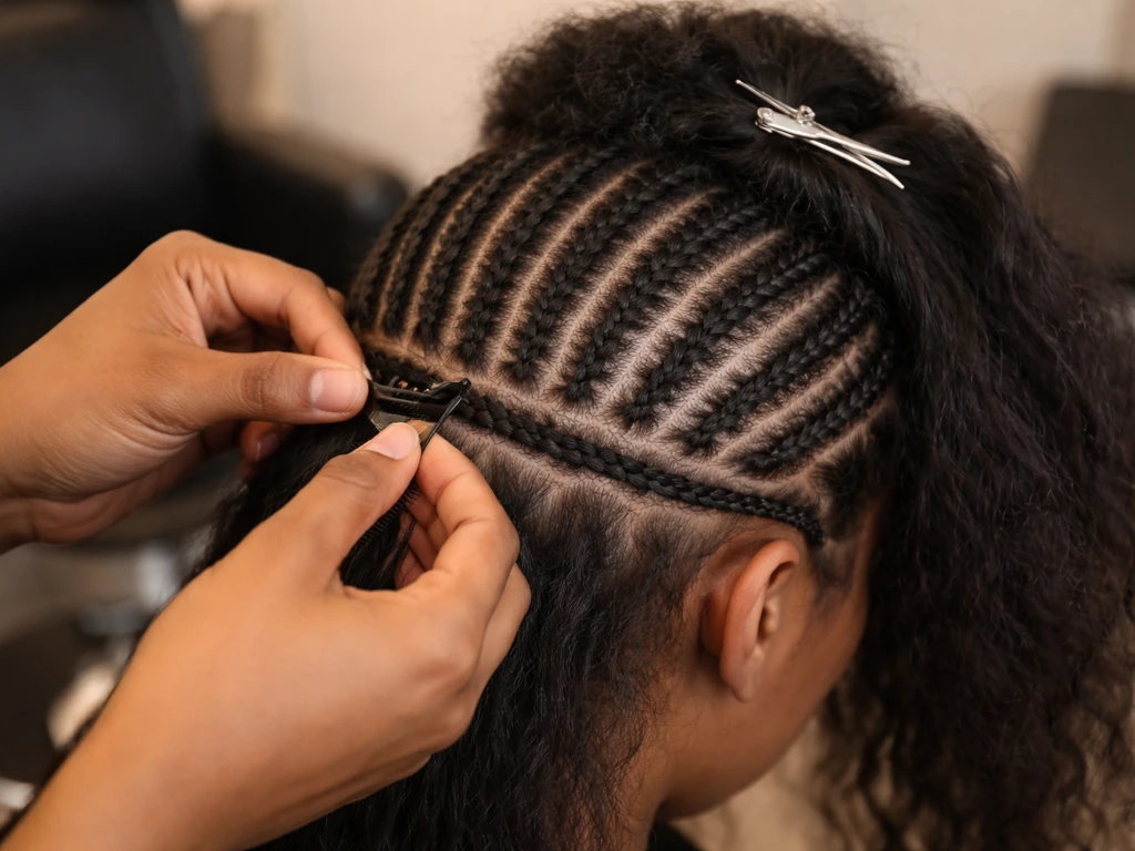 Hair stylist braiding a neat flat foundation as a base for a sew-in protective style.