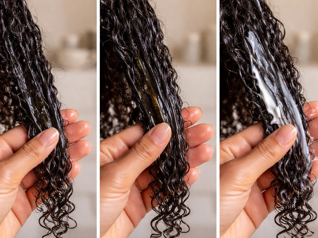 Hands applying leave-in, oil, then cream to damp curly hair strands in a simple bathroom setting