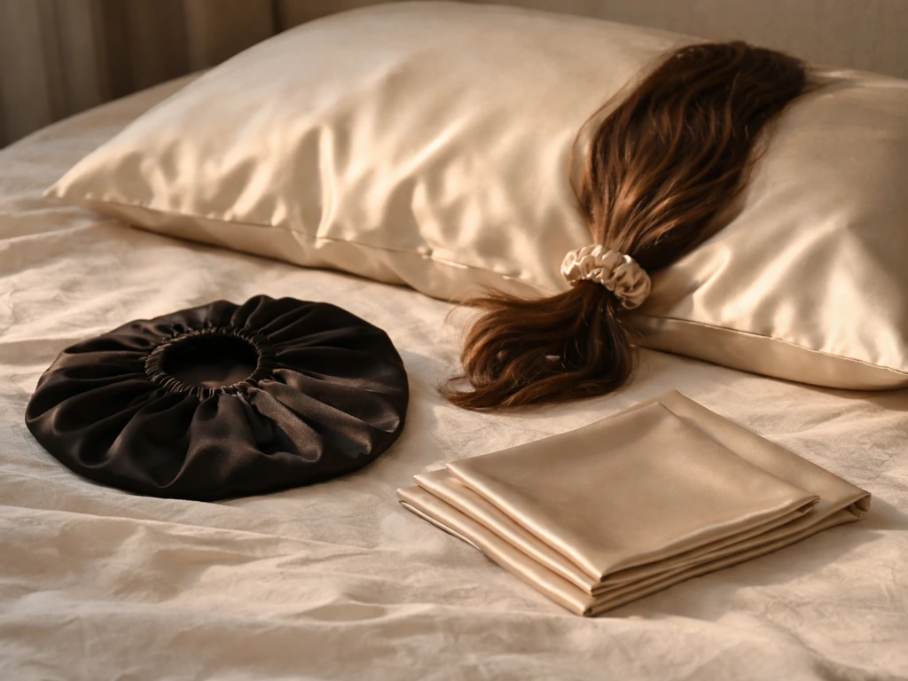 Satin bonnet, satin scarf, and satin pillowcase on a bed with hair loosely secured to reduce friction