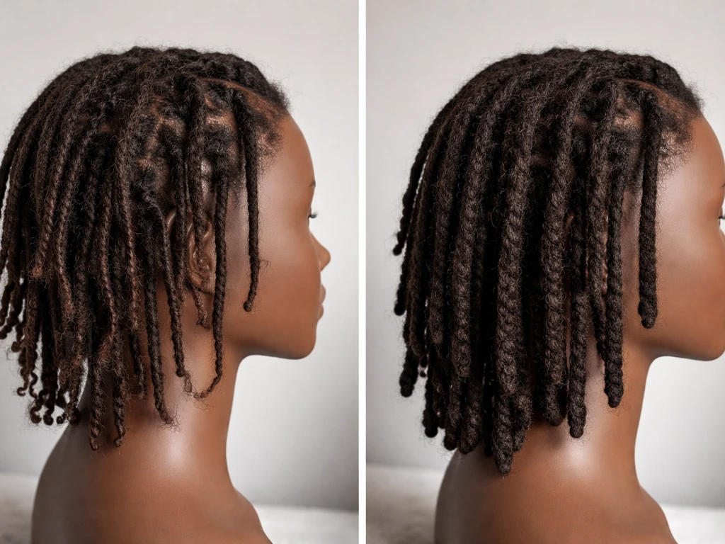 Side-by-side photo of loose starter locs versus clearly locked, maturing locs on an anonymous mannequin.