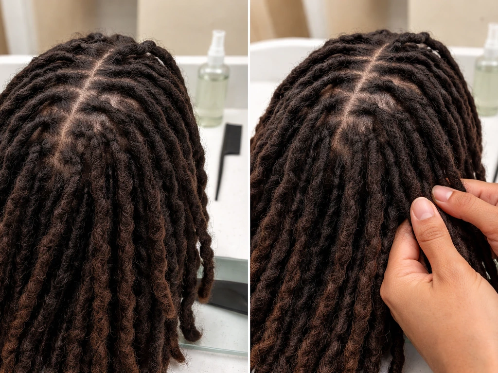 Side-by-side close-up of two loc retwists showing tight vs gentle tension on a bathroom counter.