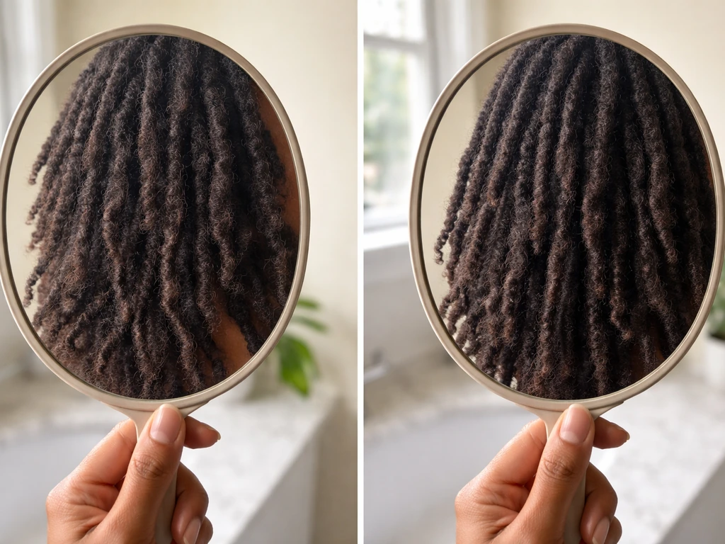 Close-up of natural hair showing starter locs transitioning toward more established locking stages