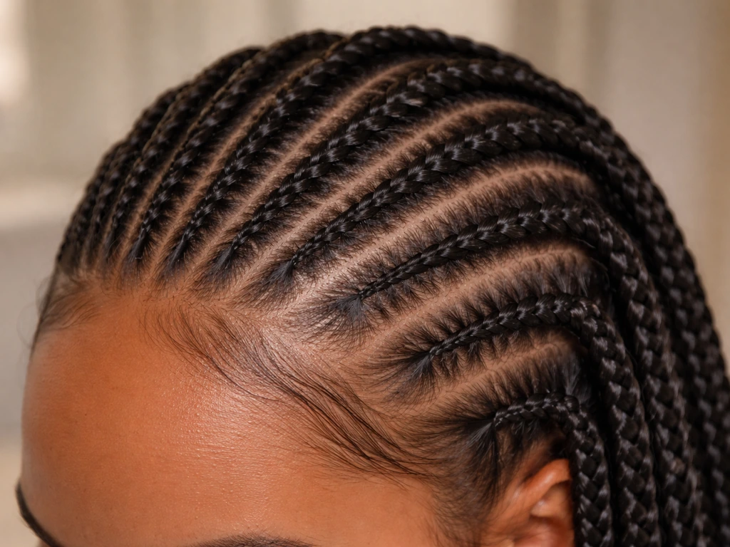 Close-up of a low-tension knotless braid with neat parting, healthy hairline, and minimal frizz.