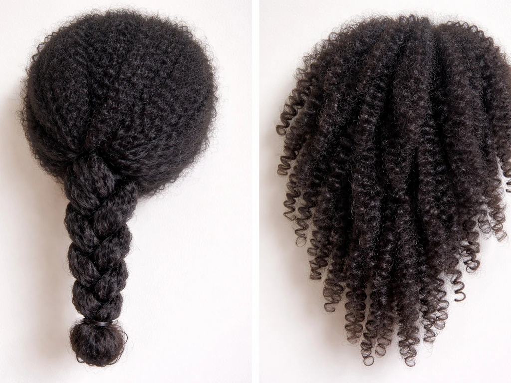 Two close-up sections of natural hair: one in a low-tension braid, one unbraided, showing protection.