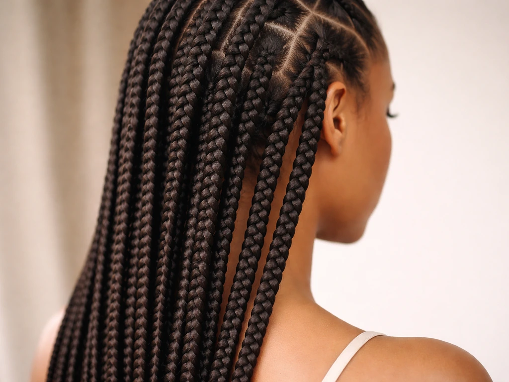 Neat knotless box braids with smooth, low-tension roots in a minimal close-up