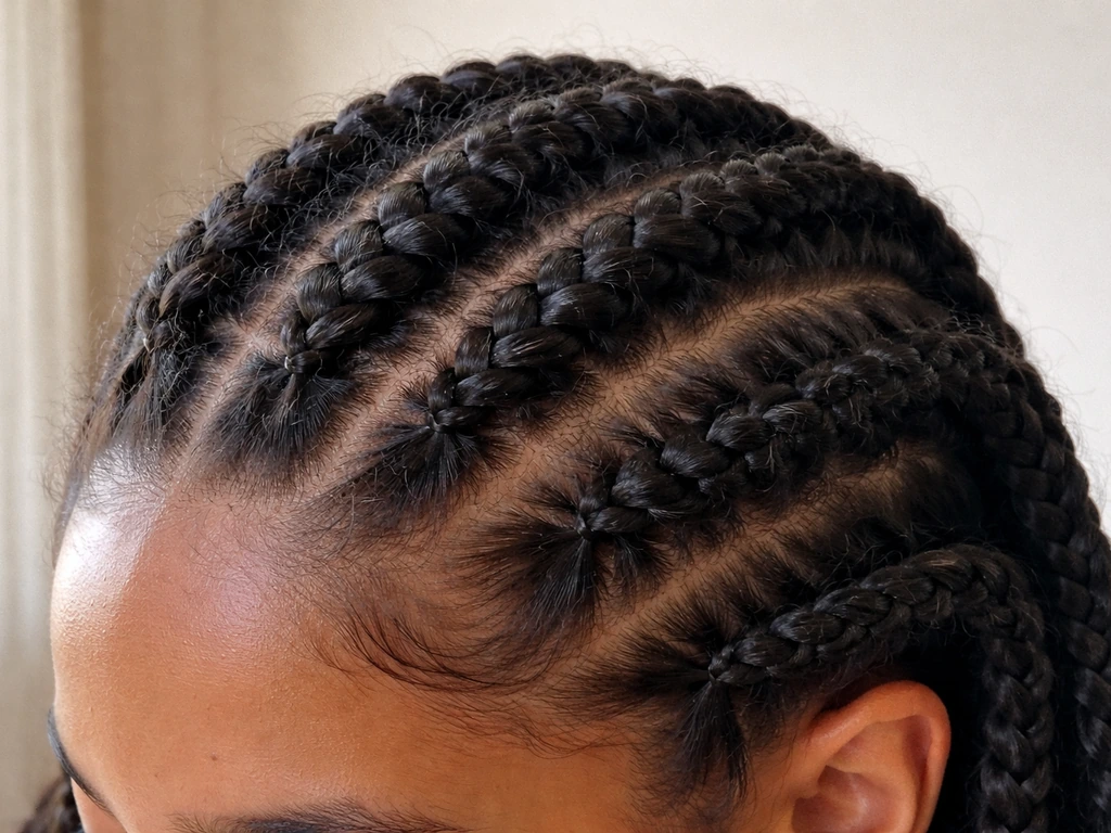Close-up of loose cornrows with visible scalp space near roots, showing a relaxed, low-tension style