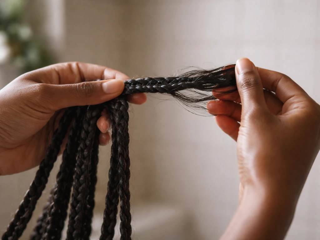 Hands carefully detangling a braid’s ends with glossy conditioner to prevent breakage.
