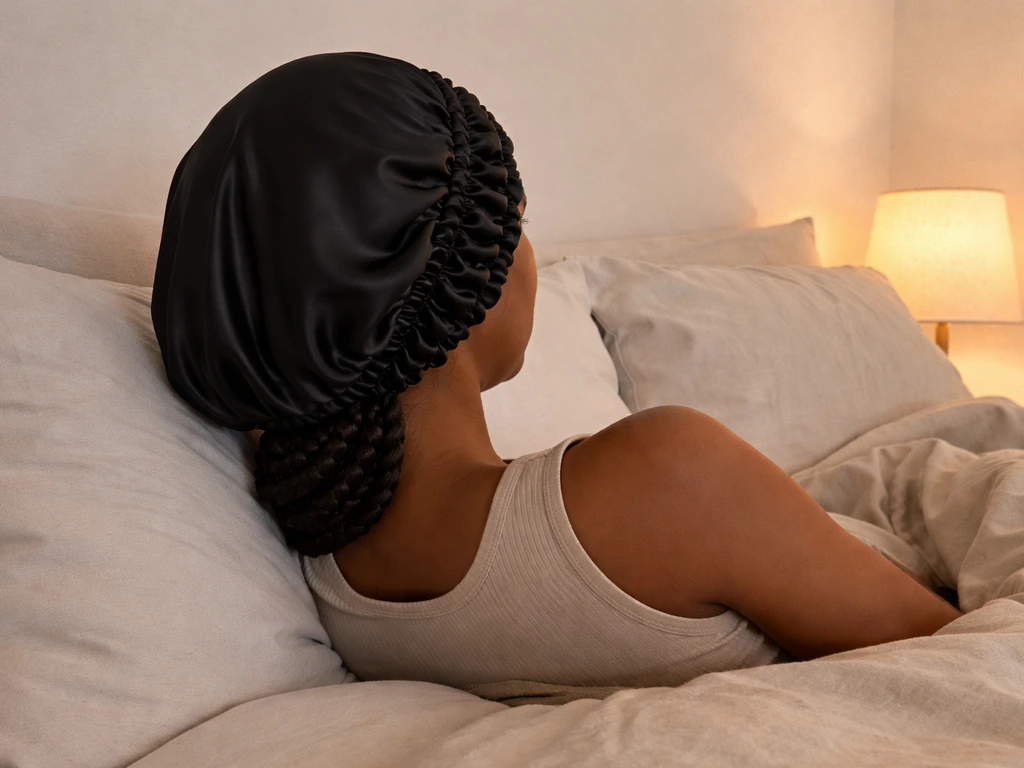 Person with braids wrapped in a satin bonnet at night on a simple bed