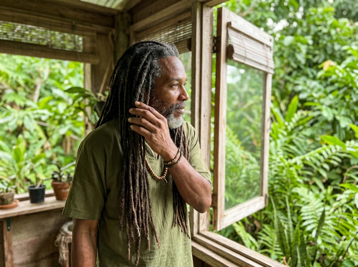 Healthy mature locs with hand at the roots, signaling hair growth and care