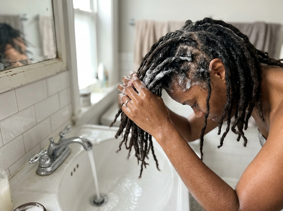Hands washing locs with clarifying shampoo and scalp-focused lather