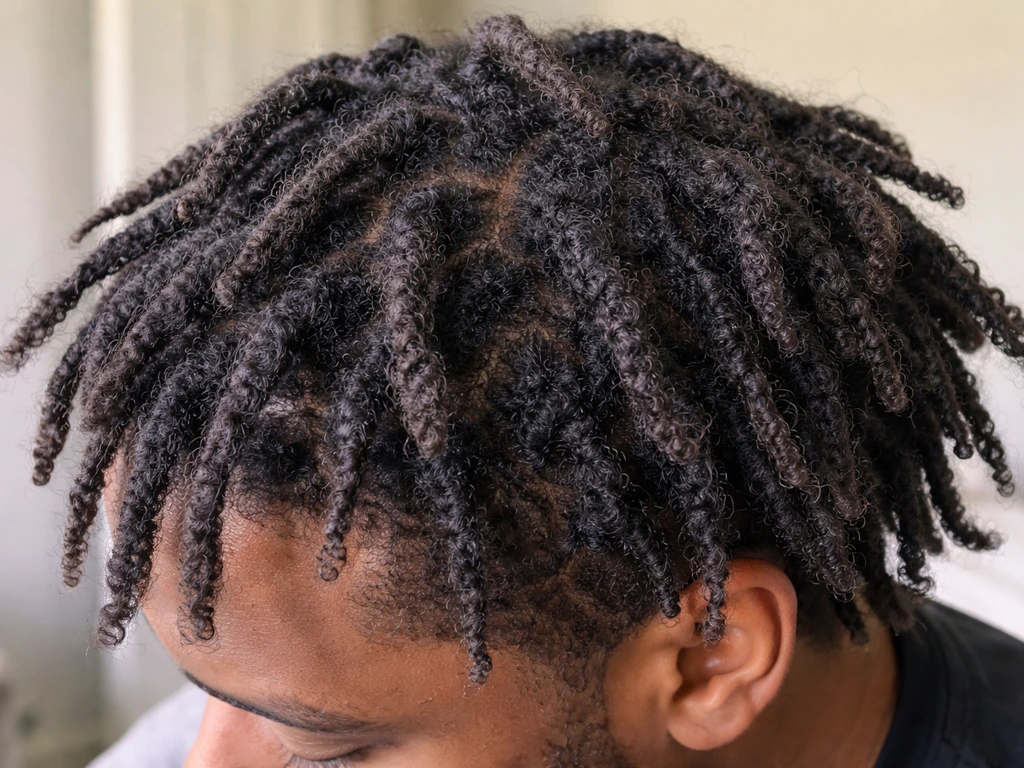 Close-up of early freeform dread texture—loose coils and a few forming locs with visible roots.