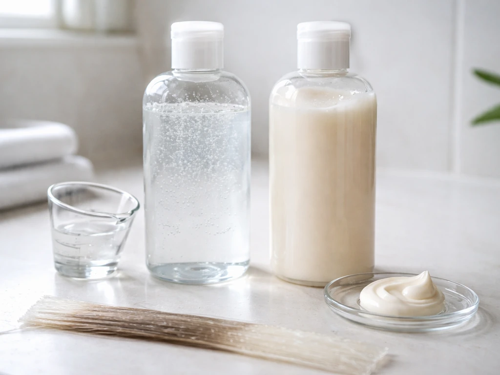 Minimal countertop photo comparing residue-free shampoo and creamy conditioner-heavy shampoo coating hair strands.