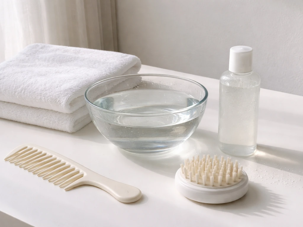 Clean bathroom counter with residue-free shampoo, towel, comb, and scalp brush for a simple scalp-wash routine.