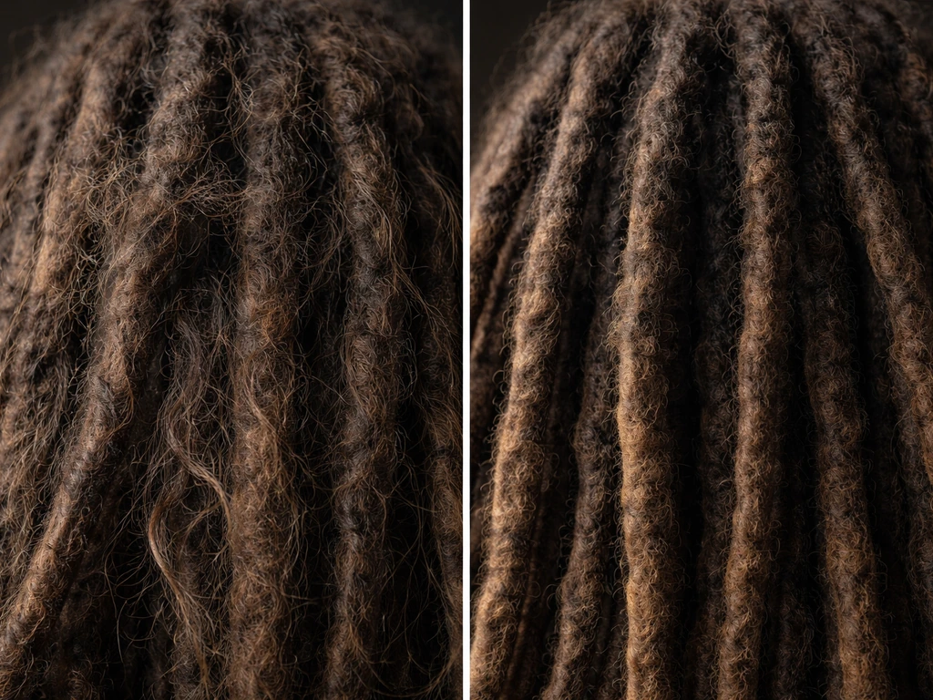 Split image look: one side shows tangled compressed dread-like mats, the other shows structured freeform locs