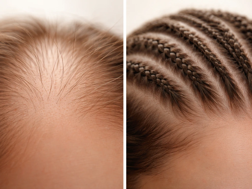 Minimal photo showing braids holding hair near scalp with small follicles concept in background, side-by-side.