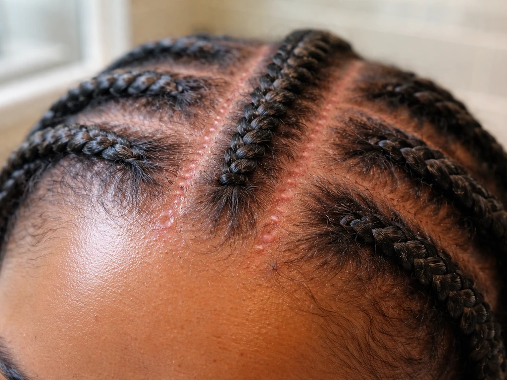 Close-up of an irritated scalp with faint braid part lines showing redness and small bumps.