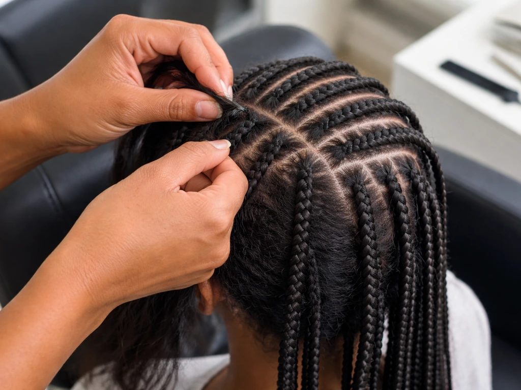 Stylist parting hair and installing medium knotless braids with even sections in a simple salon setting.