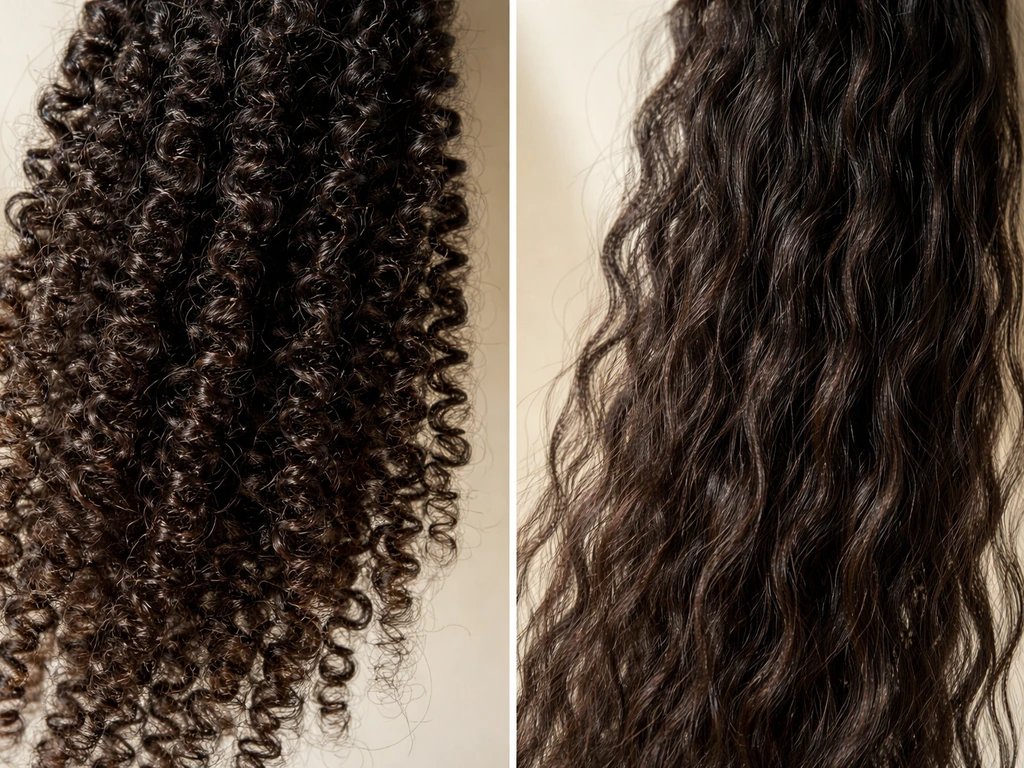 Macro close-up showing coiled natural hair next to gently stretched, straighter strands.