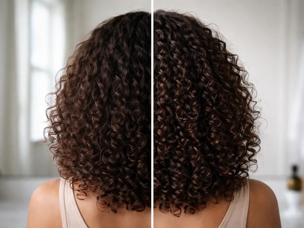 Back-of-head hair in a mirror showing softer vs tighter curls to suggest texture change over time.