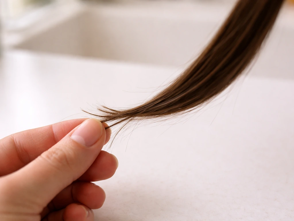 Close-up of one hair strand with visibly frayed broken tips contrasted against intact longer length.