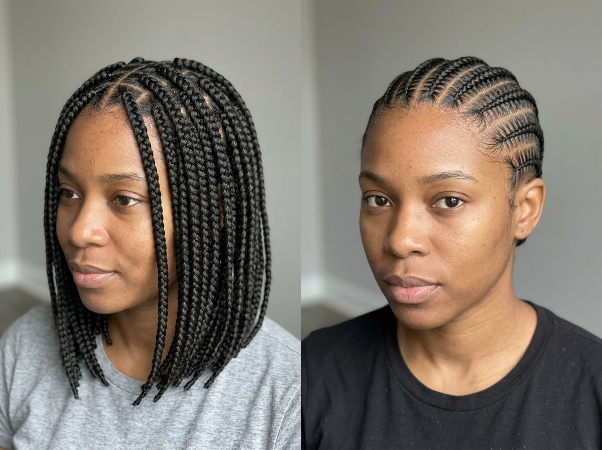 Box braids and cornrows side-by-side showing scalp access and row pattern