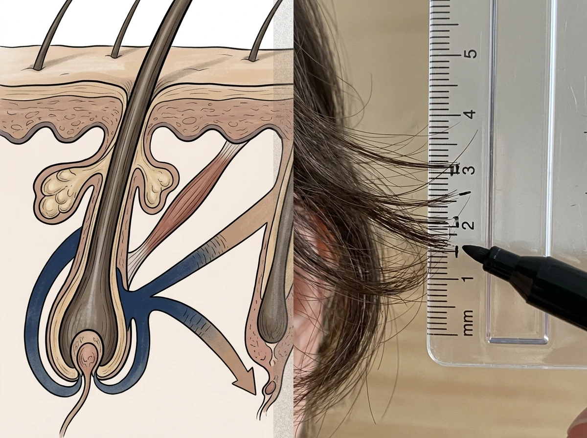 Loose black hair strand with ruler measuring length change to show growth comes from follicles