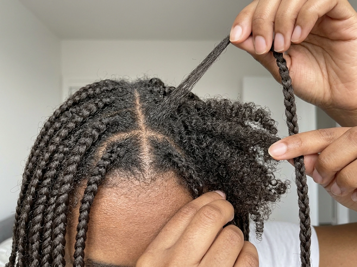 Braids stretched and then released to show shrinkage differences in coily textured hair