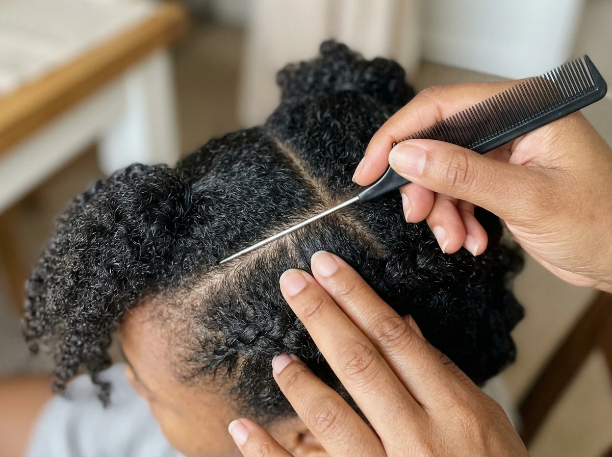Hands sectioning and braiding with a tail comb to achieve even, non-painful tension