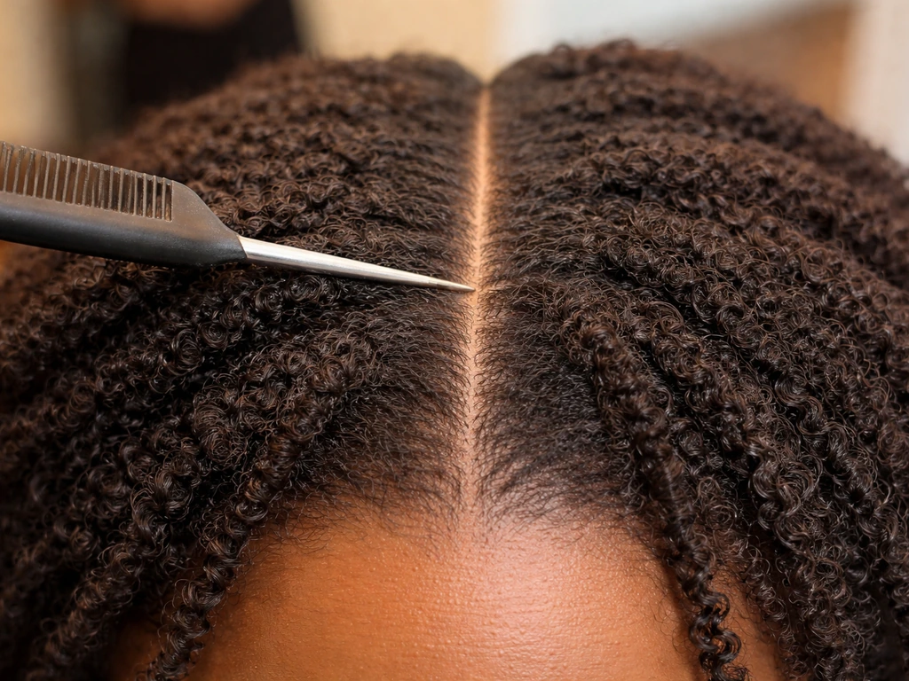 Rat-tail comb making a clean, even part in hair for neat two-strand twists.