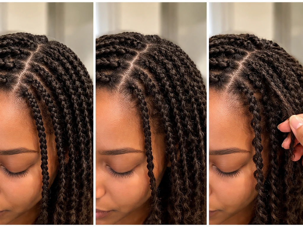 Close-up of protective twists at different stages from install to gentle takedown, scalp visible.