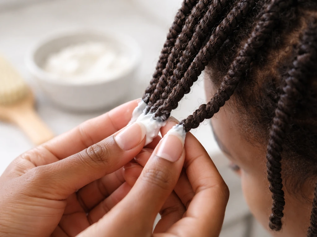 Hands applying conditioner to twist ends beside a small bowl on a clean bathroom counter.