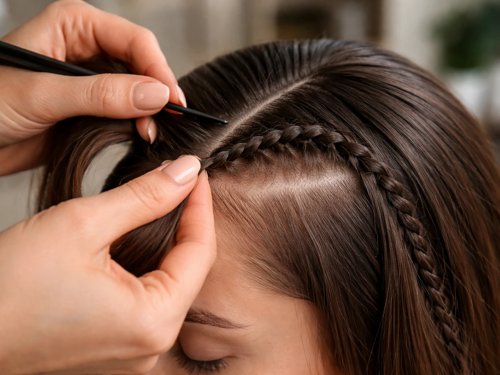 Close-up of hands gently parting and braiding hairline with controlled tension in a quiet salon.