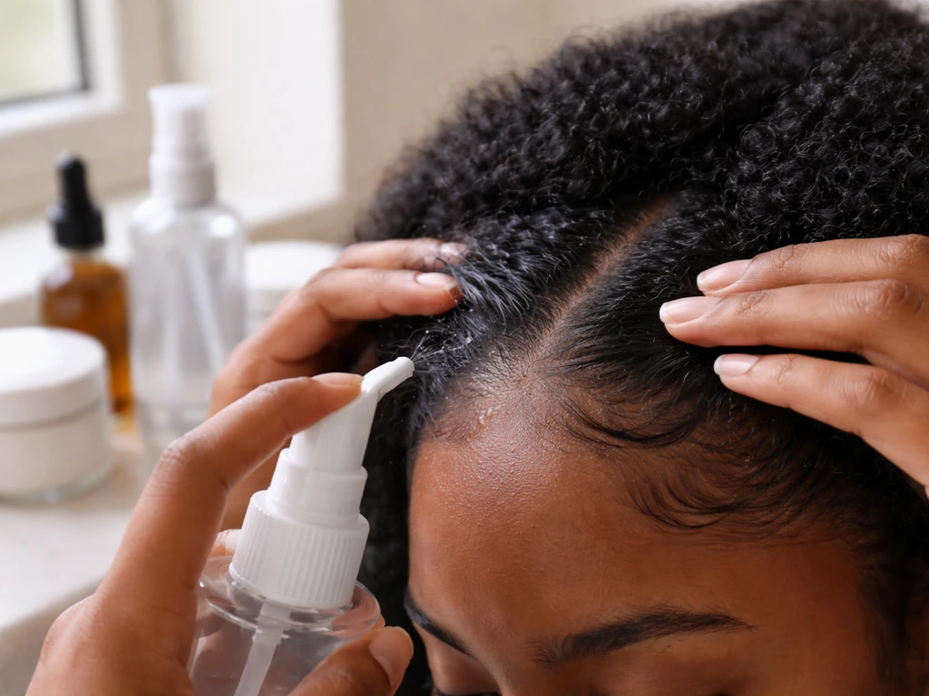 Close-up of hands applying detangling spray and oil to a freshly cared-for scalp and edges