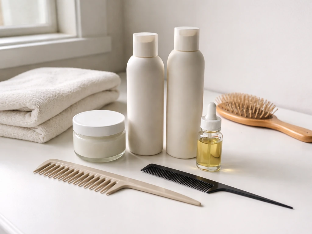 Neatly arranged hair-care products and styling tools for a clean, conditioned base routine.