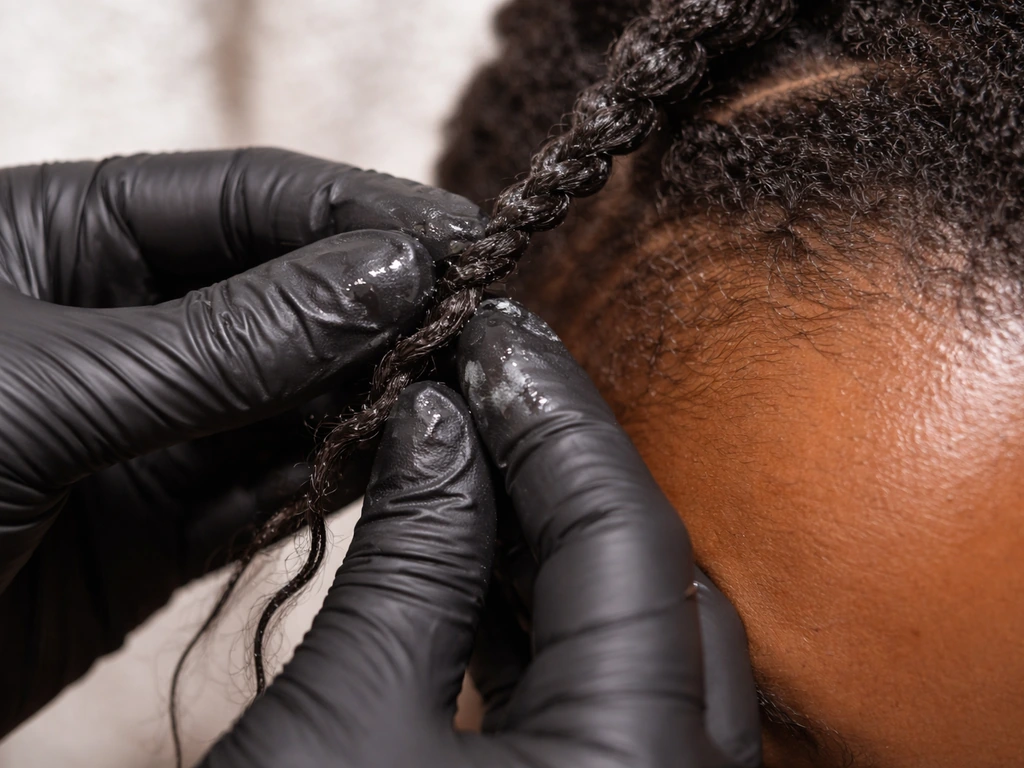 Gloved hands gently applying oil at the base and unraveling one twist to show careful take-down.