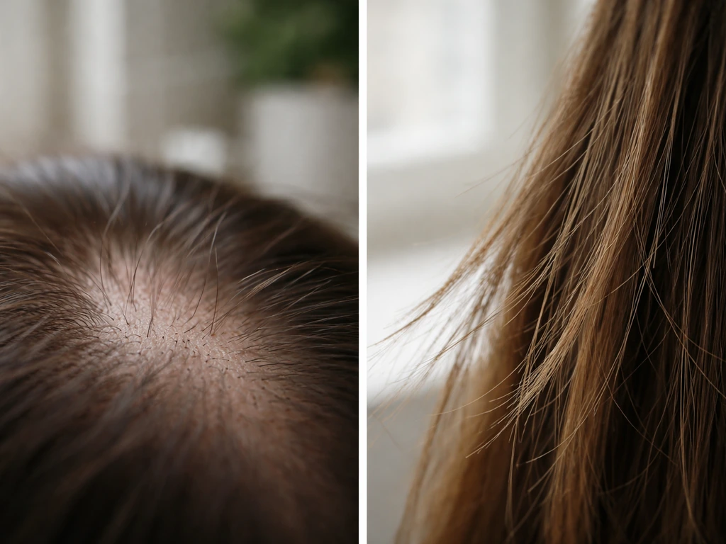 Split image: scalp/hairs suggest new growth on left, frayed broken hair tips suggest length loss on right.