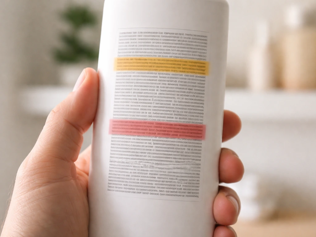 Close-up of a hand holding a shampoo ingredient label with two color-highlight zones: look for vs skip