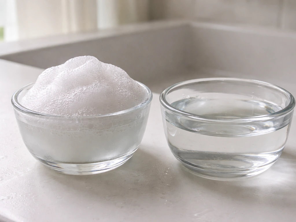 Macro view of thick white shampoo foam in a glass bowl with a calmer clear liquid beside it.